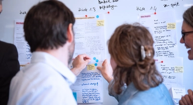 Mehrere Personen vor einem großen Whiteboard, an dem sie Klebepunkte an bereits vorhandenen Papieren und Post-its anbringen.